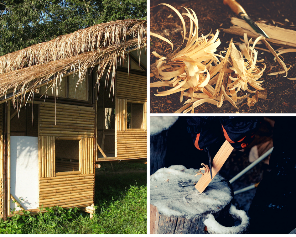 bamboo house, shavings and tools